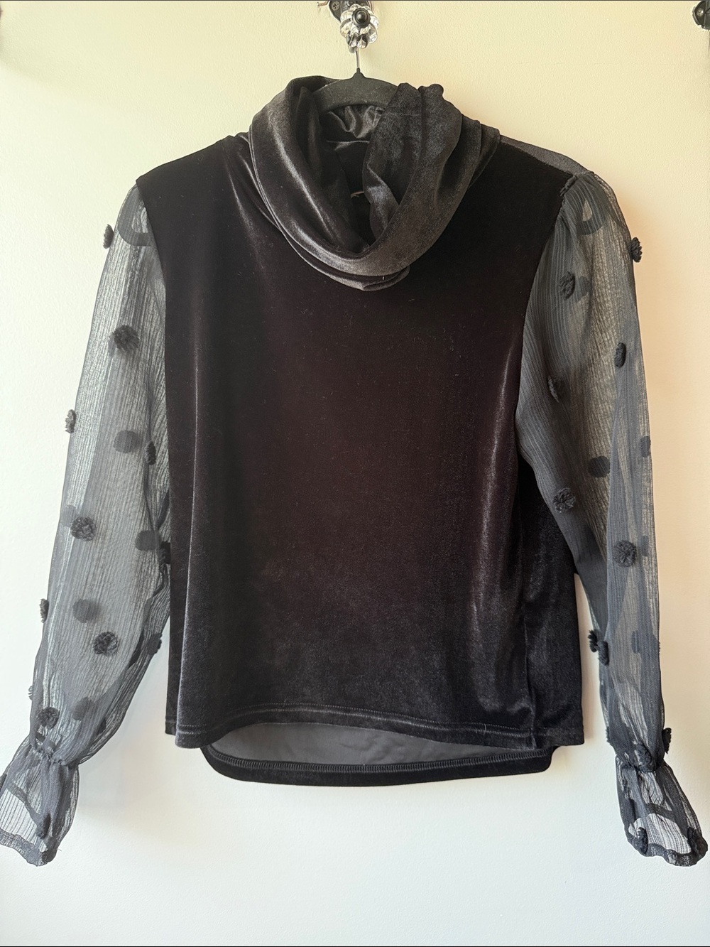 THML Black Velvet Mock Neck Sweater with Sheer Swiss Polka Dot Sleeves S